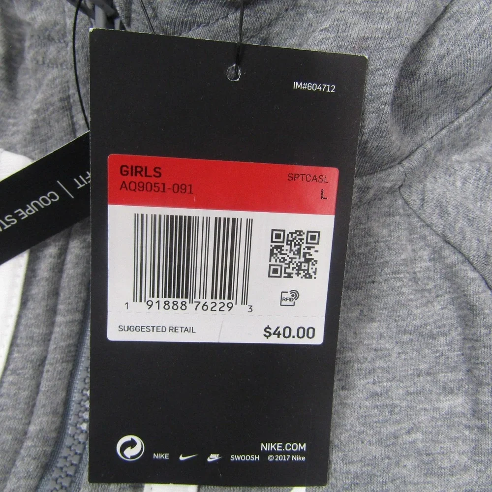 Nike Hoodie Girls Large Gray Full Zip Swoosh 100% Cotton Lightweight AQ9051-091